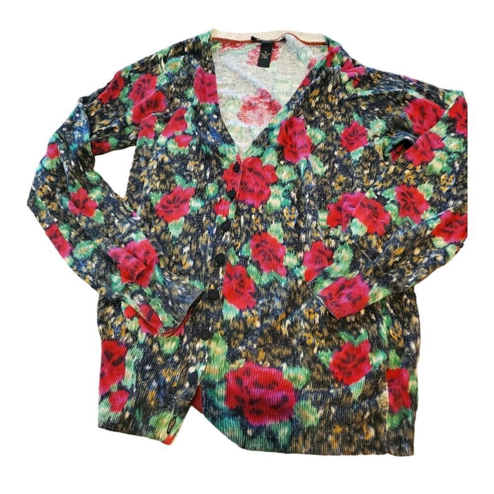 Vintage Lucky Brand Watercolor Floral Button fron Cardigan size Medium
